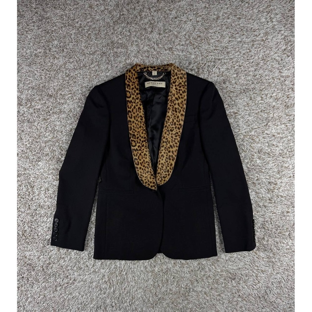 RARE Burberry London Leopard Pony Hair Shawl Collar Wool Blazer Jacket US 10